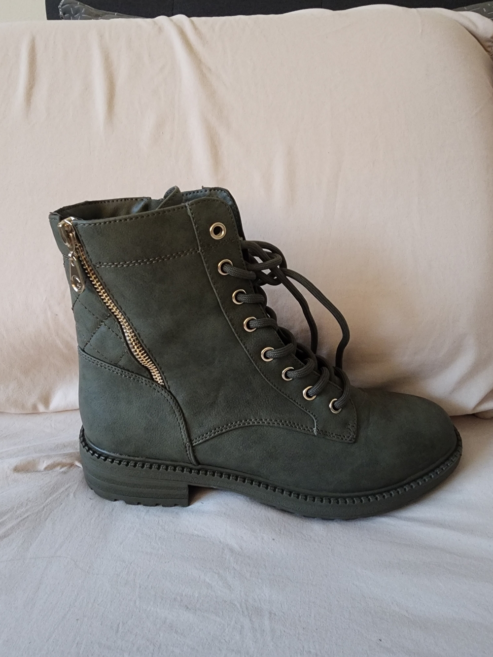 GBG Los Angeles Olive Lace-Up Combat Boot with Side Zip